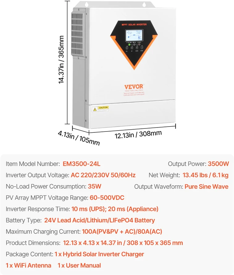 Hibridinis saulės inverteris 3500W 24V DC į 230V AC su integruotu MPPT 100A reguliatoriumi