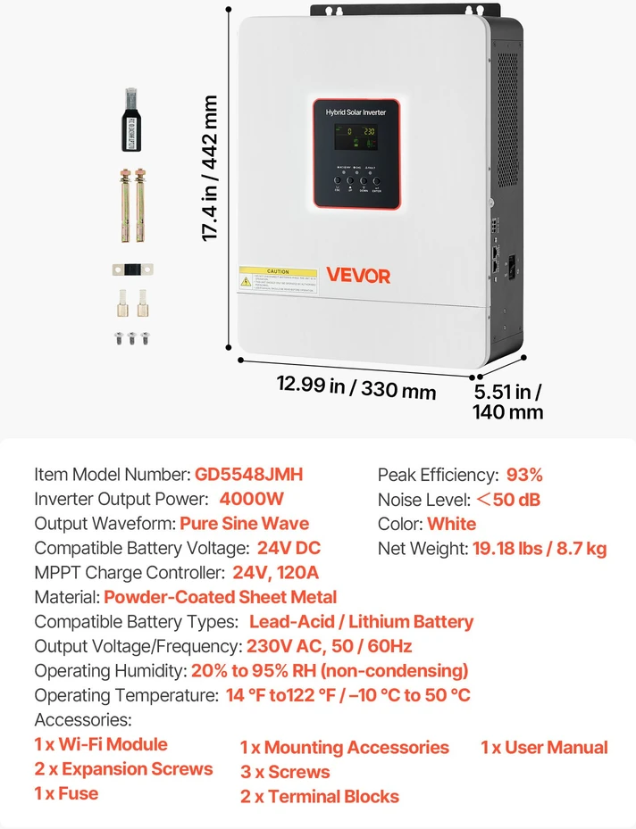 Hibridinis saulės inverteris 4000W 24V DC į 230V AC MPPT 120A su WiFi moduliu