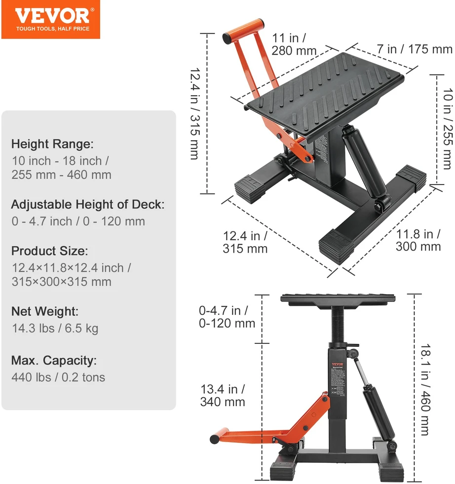 Hidraulinė motociklo keltuvo estakada. keliamoji galia 200 kg. aukštis 255–460 mm