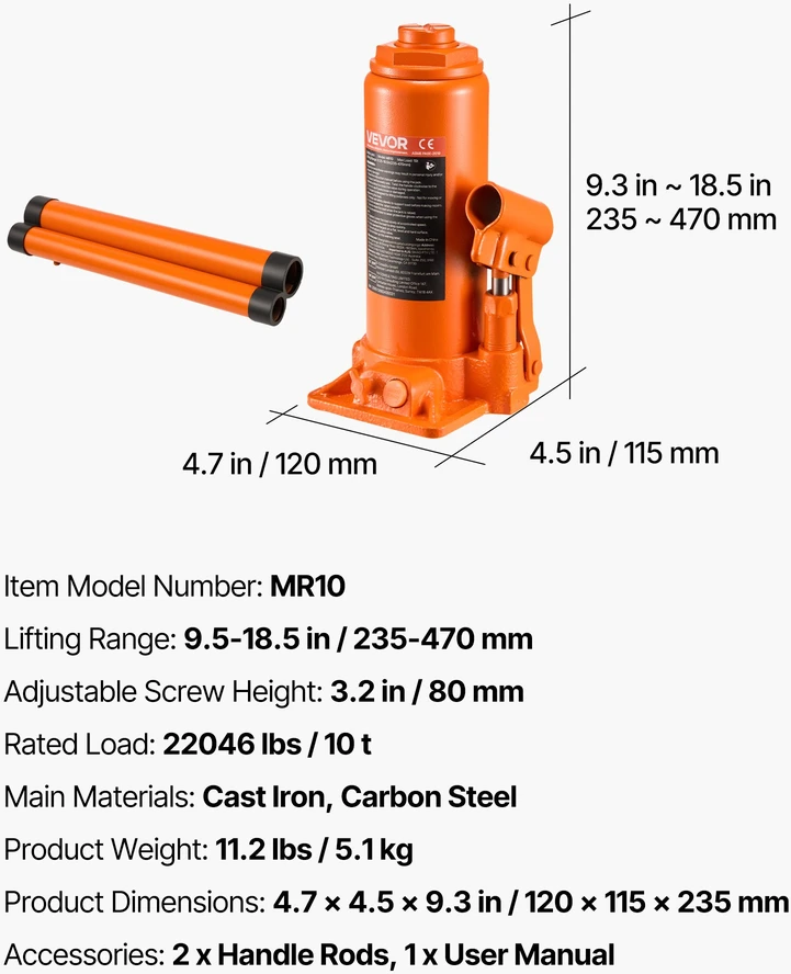 Hidraulinis butelio keltuvas 10 t kėlimas 235-470 mm su dviejų dalių rankena