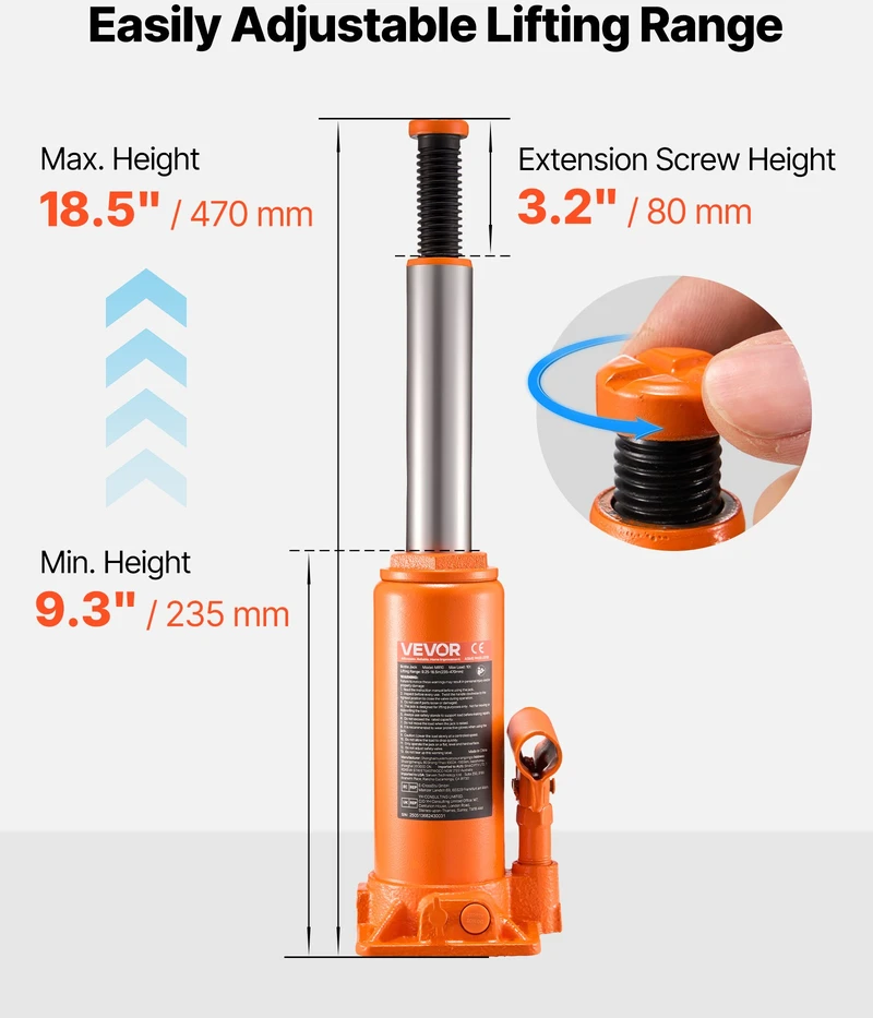 Hidraulinis butelio keltuvas 10 t kėlimas 235-470 mm su dviejų dalių rankena