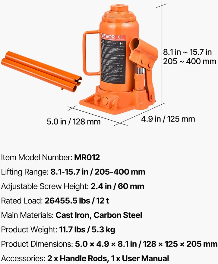 Hidraulinis butelio keltuvas 12T kėlimo diapazonas 205-400 mm oranžinis