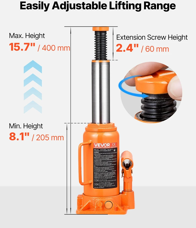 Hidraulinis butelio keltuvas 12T kėlimo diapazonas 205-400 mm oranžinis