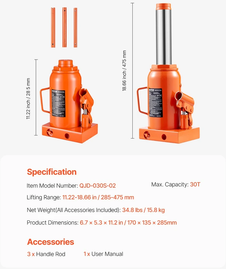 Hidraulinis butelio keltuvas 30 t suvirintas kėlimas 285-475 mm 3 sekcijų rankena