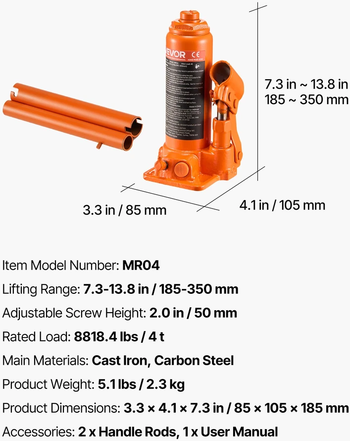 Hidraulinis butelio keltuvas 4 t kėlimas 185-350 mm oranžinis