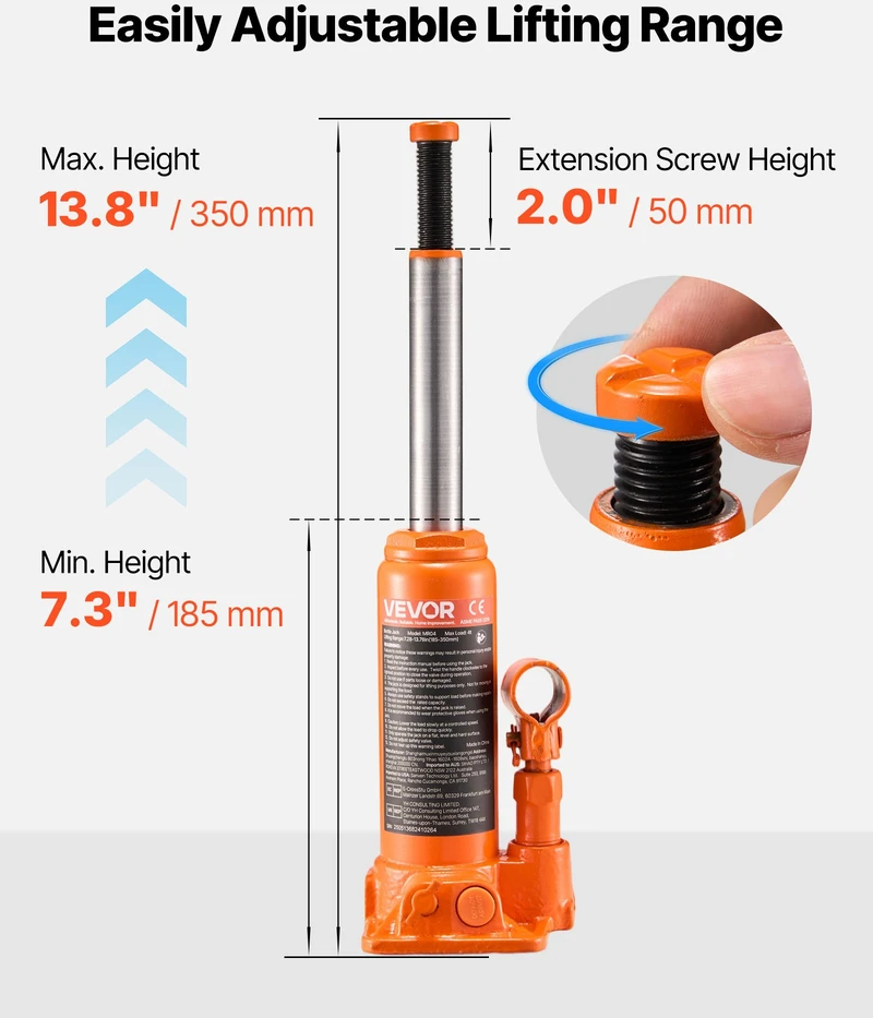 Hidraulinis butelio keltuvas 4 t kėlimas 185-350 mm oranžinis