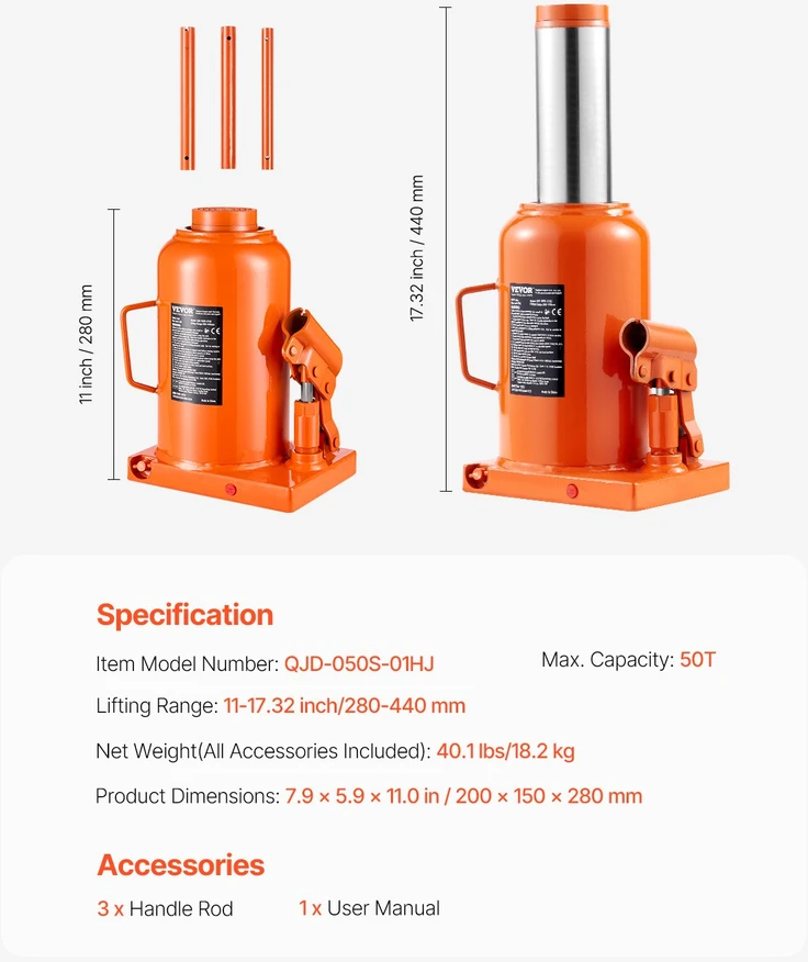 Hidraulinis butelio keltuvas 50 t suvirintas kėlimas 280-440 mm 3 sekcijų rankena