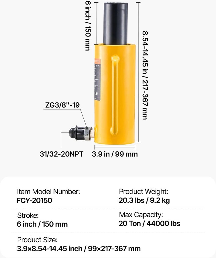 Hidraulinis cilindras 20T vienpusio veikimo 150mm eiga greita jungtis