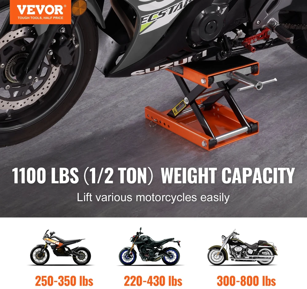 Hidraulinis žirklinis motociklo keltuvas. krovinys iki 500 kg. aukštis 9.5-35 cm