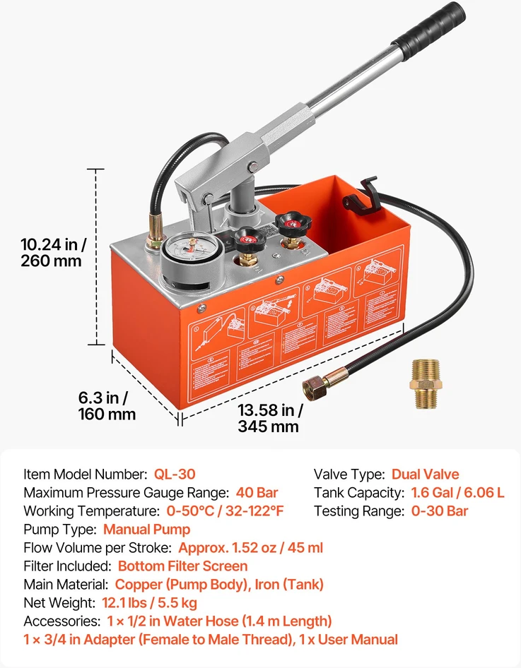 Hidrostatinio slėgio bandymo siurblys 6.06 l. 0-30 barų. vamzdynams