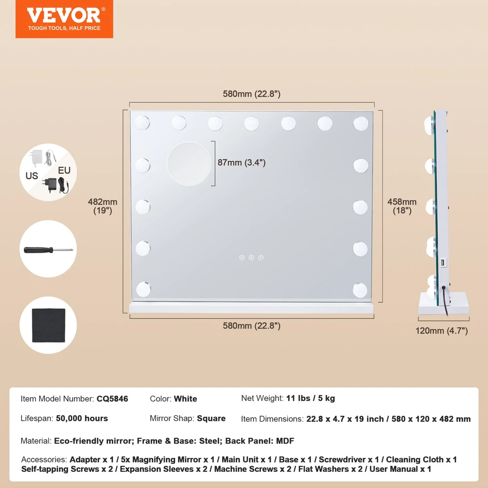 Holivudo stiliaus makiažo veidrodis su 15 LED lempučių. 5x didinimu. USB jungtimi. 580x458 mm