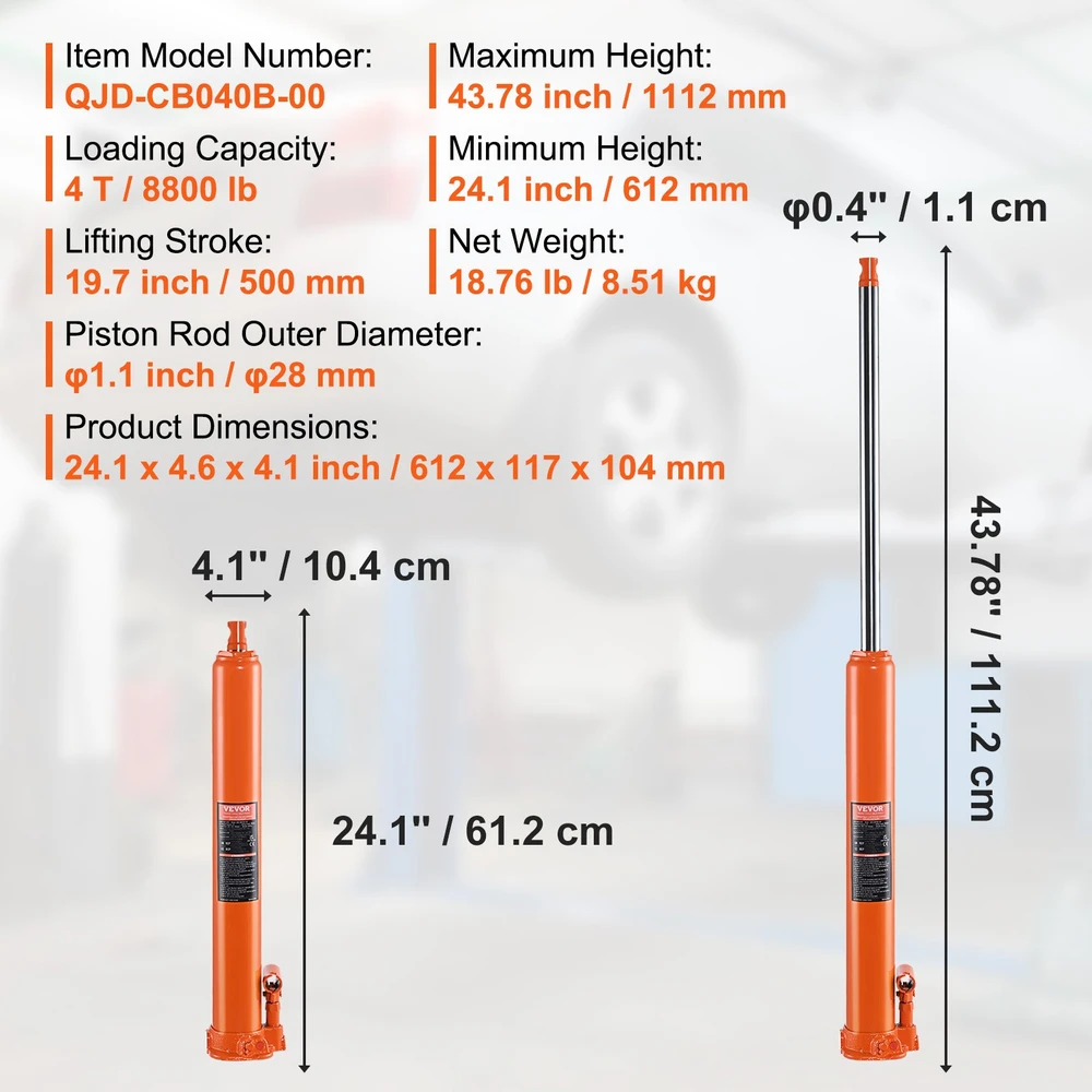 Ilgo stūmoklio hidraulinis cilindras 4 t plokščiu pagrindu kėlimas 612-1112 mm