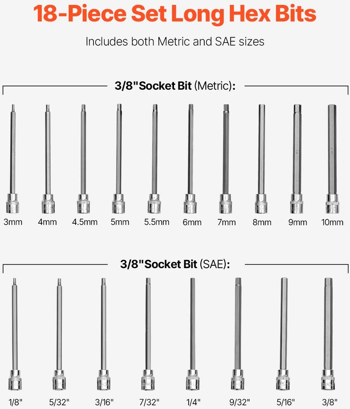 Ilgų šešiabriaunių galvučių komplektas mechanikams 18 vnt. 3/8 col. SAE ir metrinės 3-12 mm