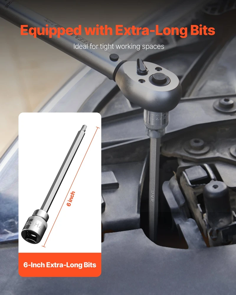 Ilgų šešiabriaunių galvučių komplektas mechanikams 18 vnt. 3/8 col. SAE ir metrinės 3-12 mm