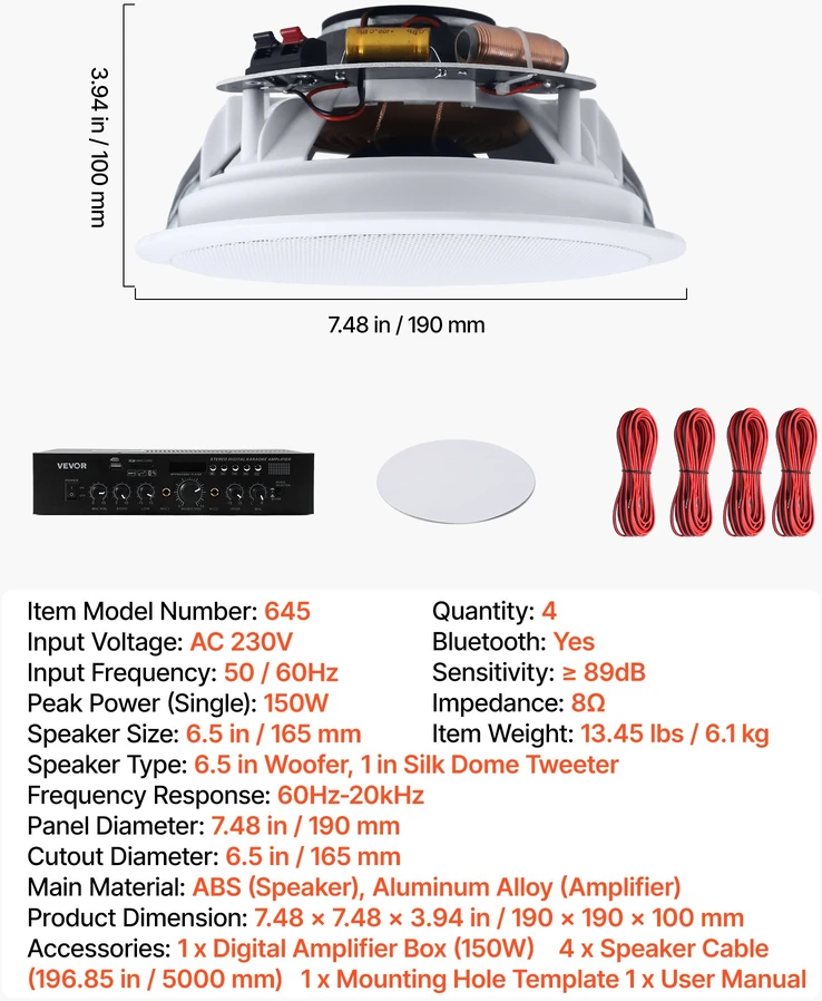 Namų kino sistema Įmontuojamų Bluetooth garsiakalbių komplektas 4 vnt.. 165.1 mm. 150 W