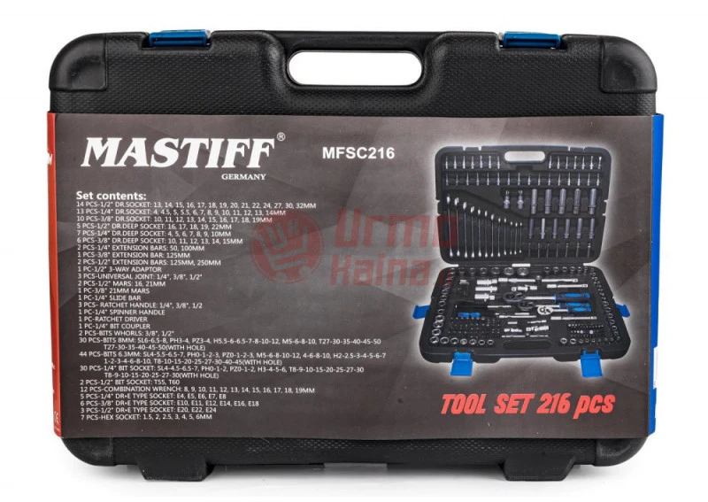 Įrankių galvučių komplektas MASTIFF 216 dalių KL7