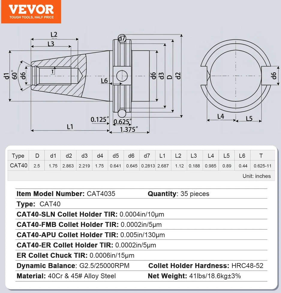 Įrankių laikiklių/įvorių komplektas CAT40 ER16/32 35 vnt. plieno