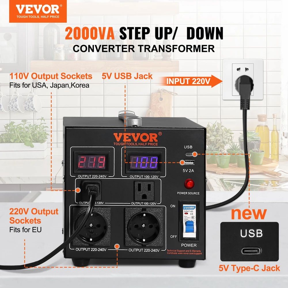 Įtampos keitiklis 110V-220V. 2000VA. 4 lizdai. USB 5V