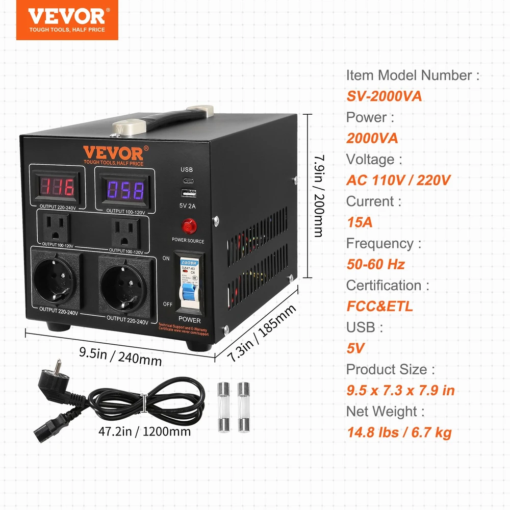 Įtampos keitiklis 110V-220V. 2000VA. 4 lizdai. USB 5V