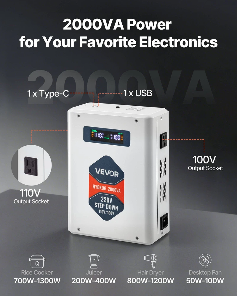 Įtampos keitiklis-transformatorius 2000 VA. 220 V į 110 V. su USB išvestimi