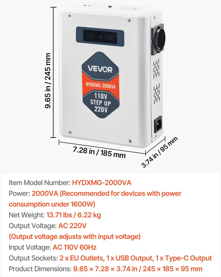 Įtampos keitiklis-transformatorius 2000 VA. 110 V į 220 V. su USB išvestimi
