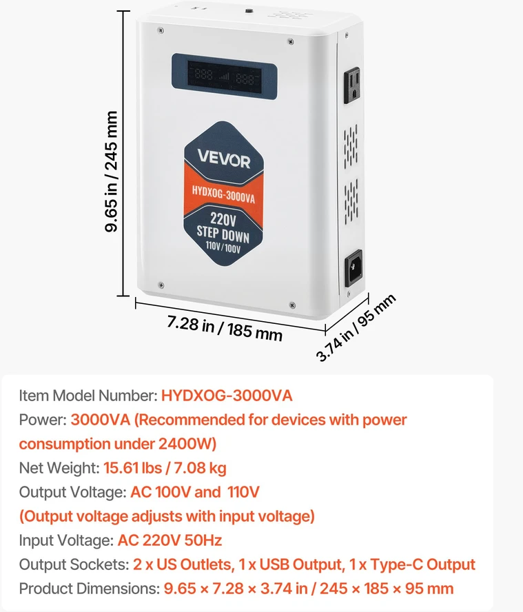Įtampos keitiklis-transformatorius 3000 VA. 220 V į 110 V. su USB išvestimi