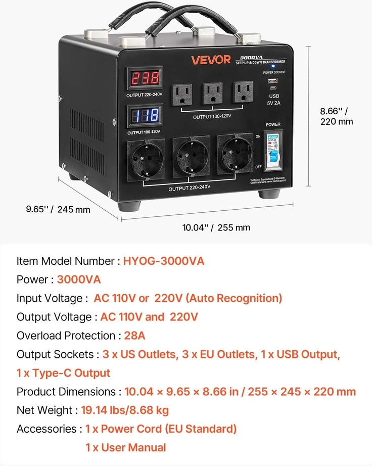 Įtampos transformatorius 220V/110V. 3000 VA. su LCD ekranu