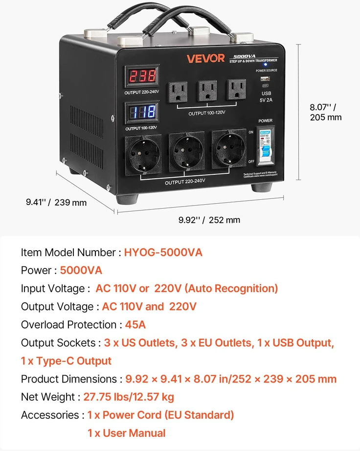 Įtampos transformatorius 220V/110V. 5000 VA. su LCD ekranu. 3 JAV ir 3 ES lizdais