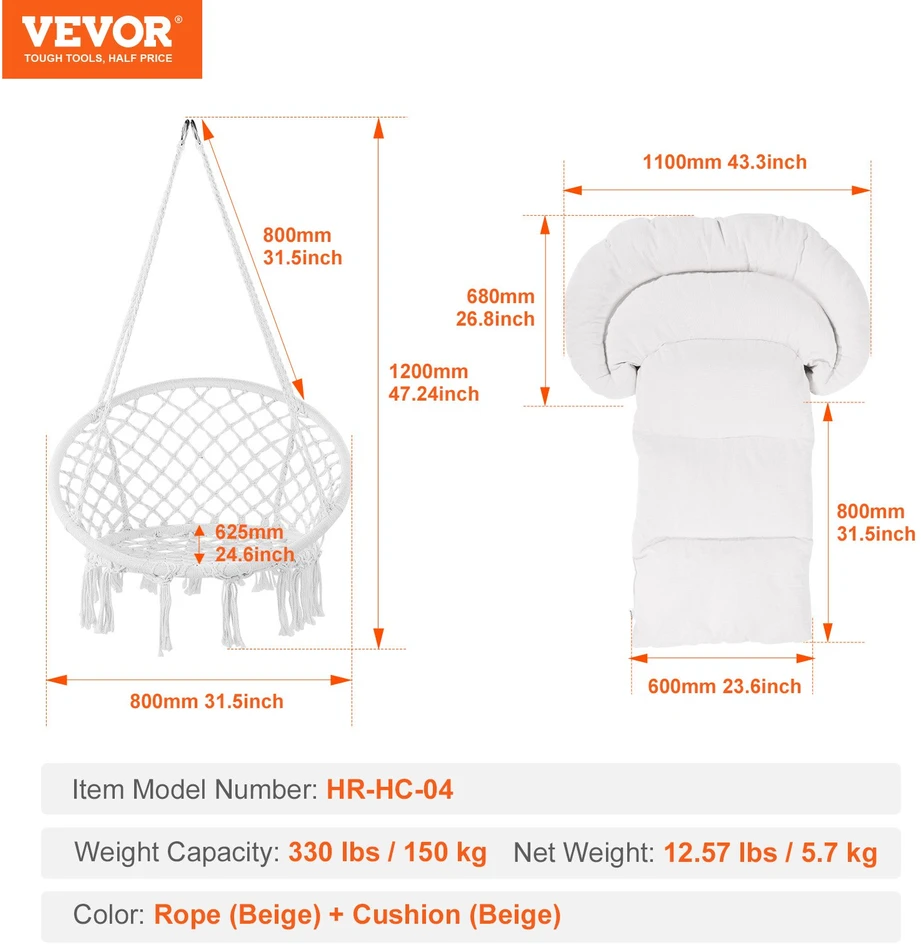 Kabantis makramė krėslas su sukimosi funkcija. medvilninė virvė. pagalvėlė. apkrova 150 kg. smėlio spalvos