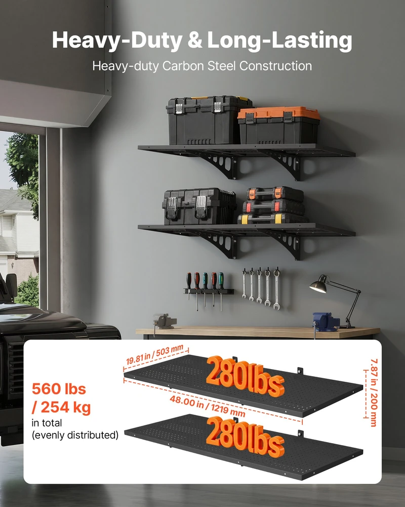 Sieninė perforuota lenta su lentynomis. 2 vnt.. 122x50.3 cm. apkrova 127 kg. juoda