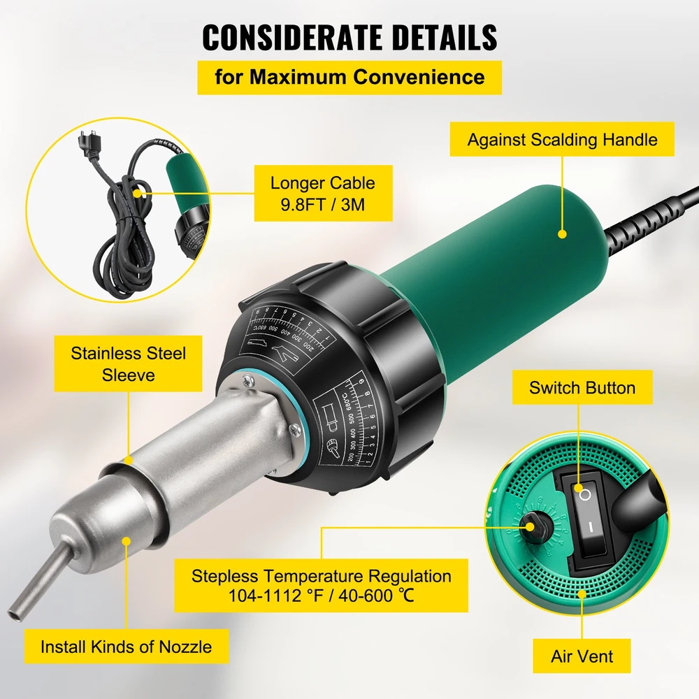 Karšto oro suvirinimo pistoleto komplektas PVC/PP/PE 1600W su 8 priedais