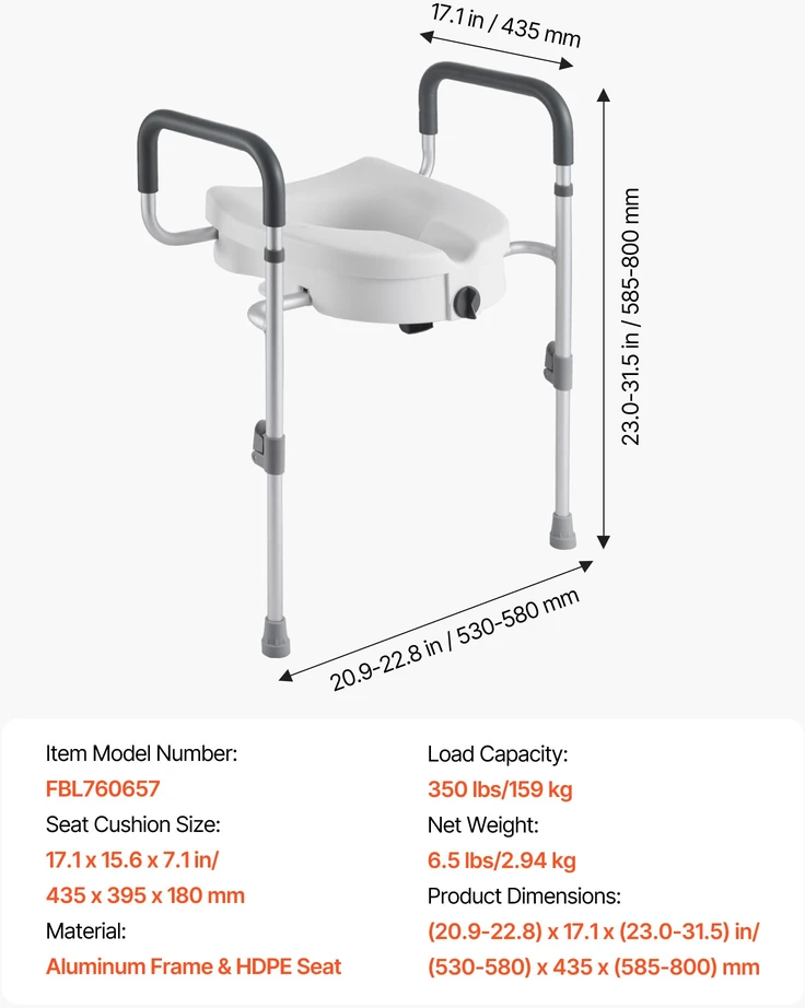 Keliamoji WC sėdynė su porankiais. aliuminio rėmas. apkrova iki 159 kg. pakėlimas 127 mm