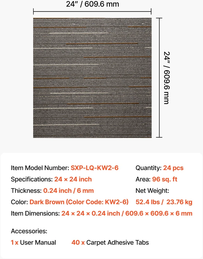 Kiliminės plytelės 610 x 610 mm. 24 vnt.. minkštos. modulinės. tamsiai rudos spalvos. 8.9 m²