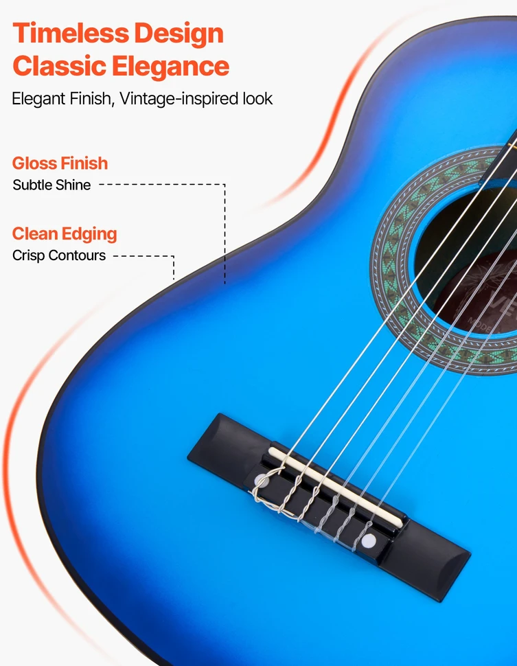 Klasikinė gitara 780 mm. medinė. pradedantiesiems. su dėklu. diržu. derintuvu. mėlyna