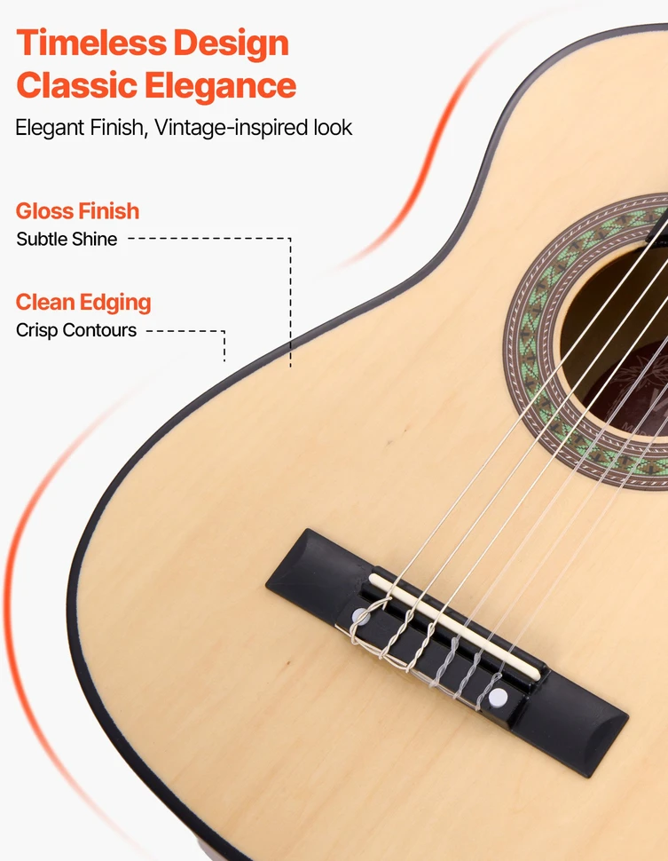 Klasikinė gitara 780 mm. medinė. pradedantiesiems. su dėklu. diržu. derintuvu. natūrali