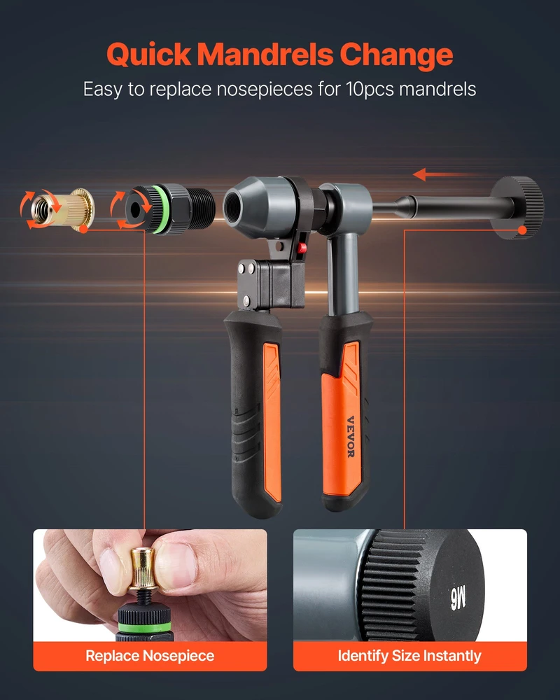 Kniedžių sriegio įtaisymo rankinis įrankis su spragtuku 230mm 10 antgalių + 100 kniedžių