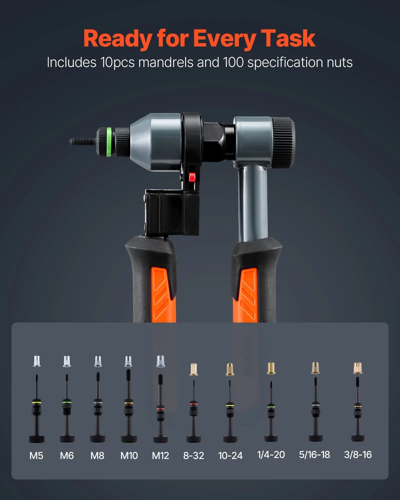Kniedžių sriegio įtaisymo rankinis įrankis su spragtuku 230mm 10 antgalių + 100 kniedžių