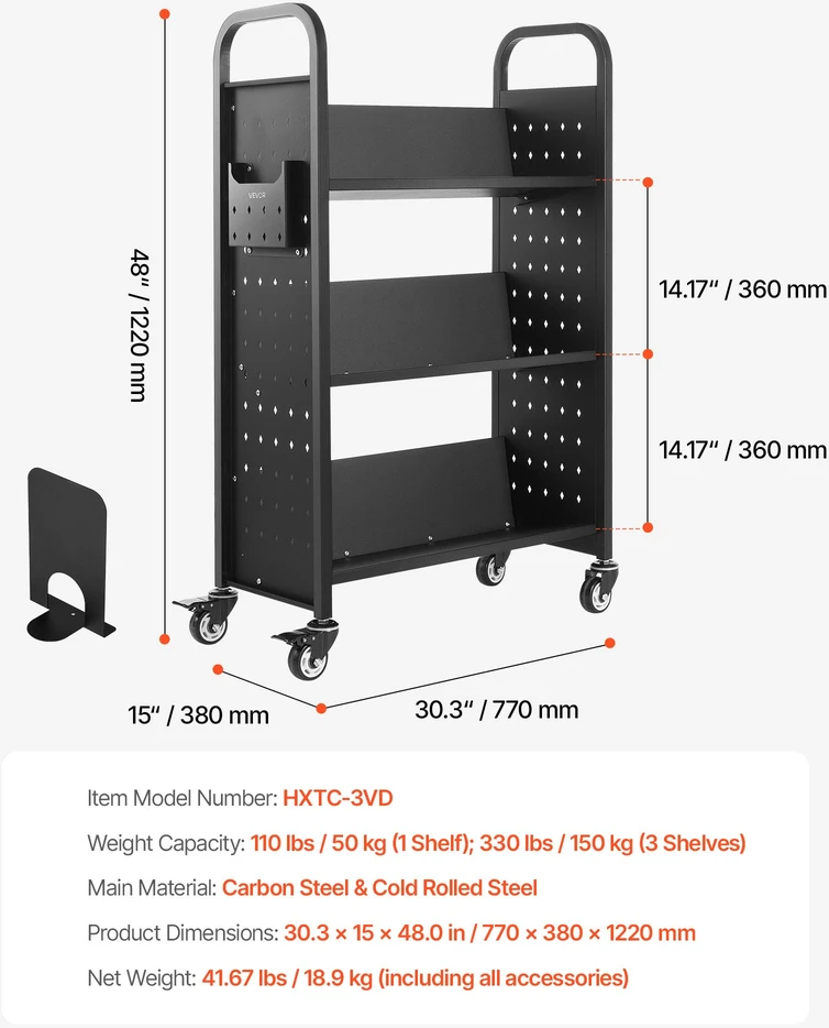 Knygų vežimėlis ant ratukų su V formos lentynomis. apkrova 150 kg. 770x380x1220 mm. juodas
