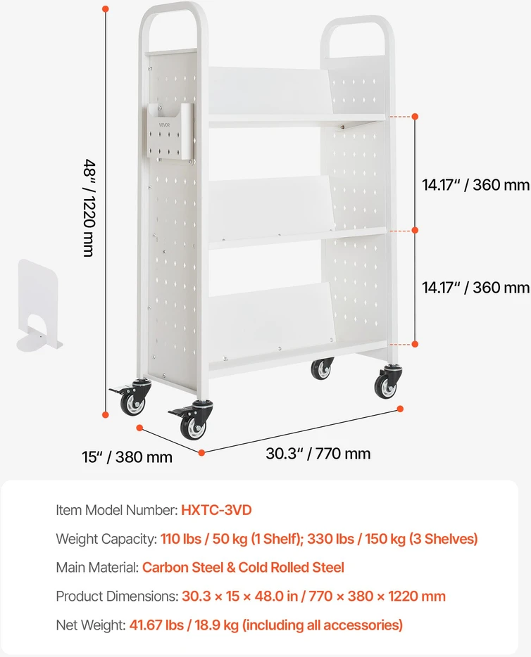 Knygų vežimėlis su ratukais 770x380x1220 mm. V formos lentynos. iki 150 kg. baltas