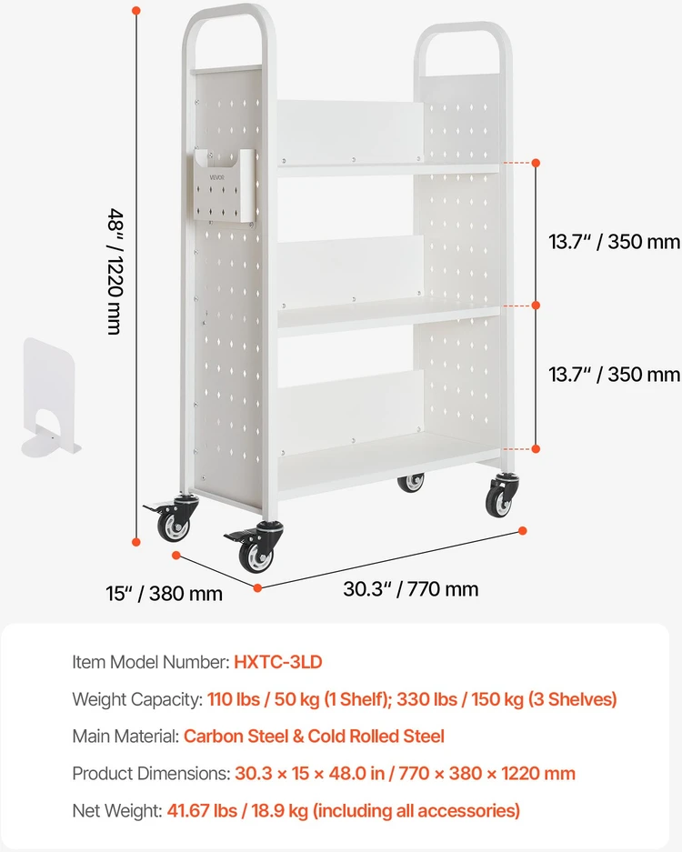 Knygų vežimėlis su ratukais 770x380x1220 mm. L formos lentynos. iki 150 kg. baltas