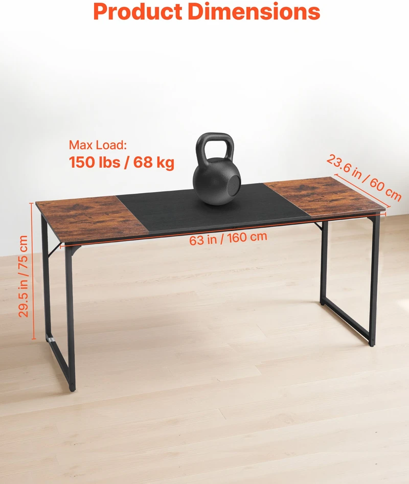 Kompiuterio stalas, stalviršis 160x60 cm, metalinis rėmas, apkrova 68 kg, rudai juodas