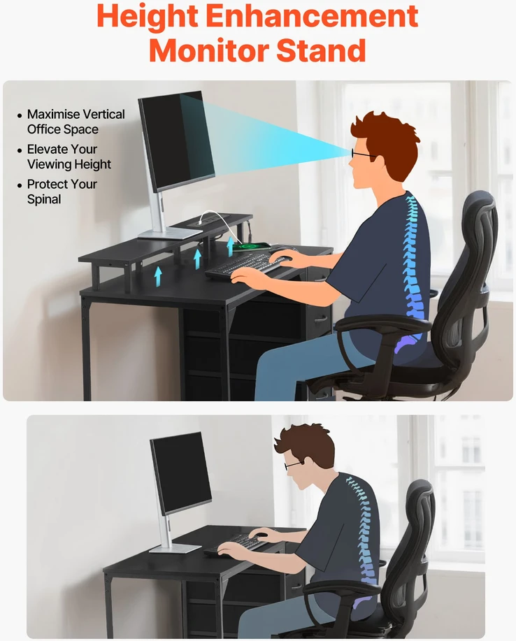 Kompiuterio stalas su LED apšvietimu. lizdais. 4 stalčiais ir monitoriaus stovu. juodas