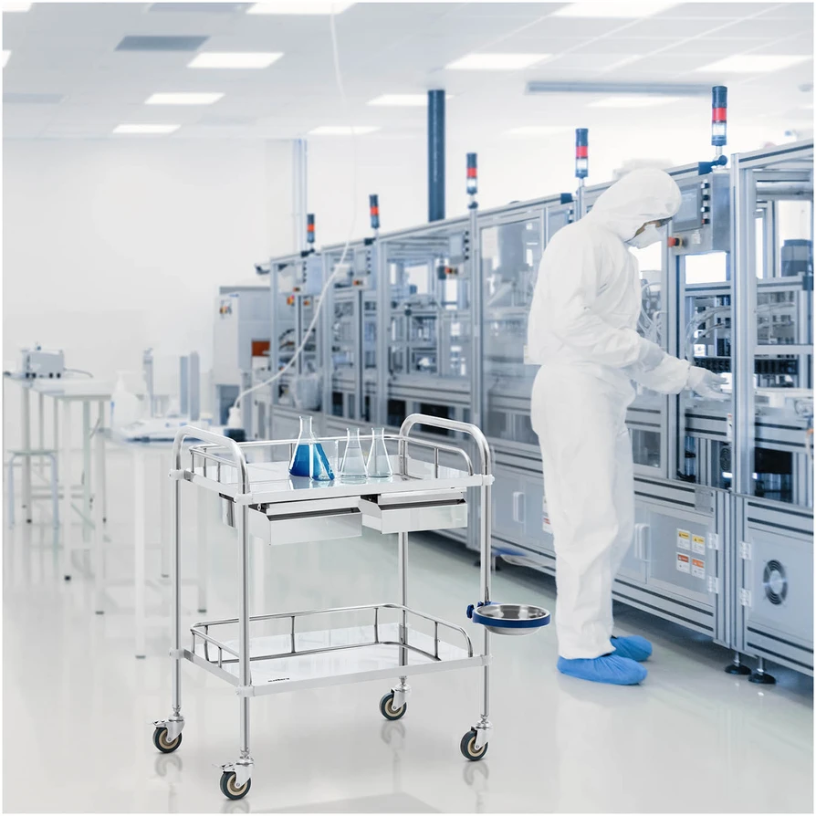 Kosmetinis laboratorinis vežimėlis iš nerūdijančio plieno su 2 stalčiais ir 2 lentynomis