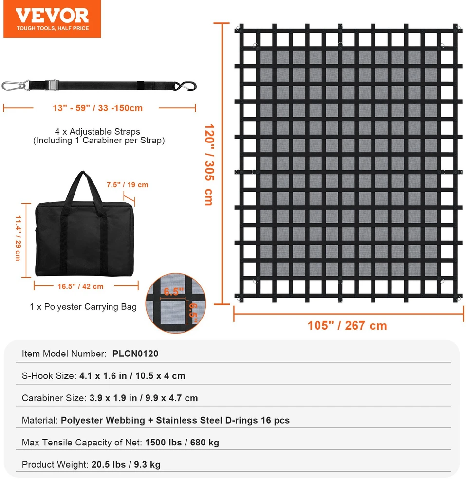 Krovinio tinklas sunkvežimiui 3020 x 2670 mm. 4 reguliuojami dirželiai. karabinai ir S kabliai