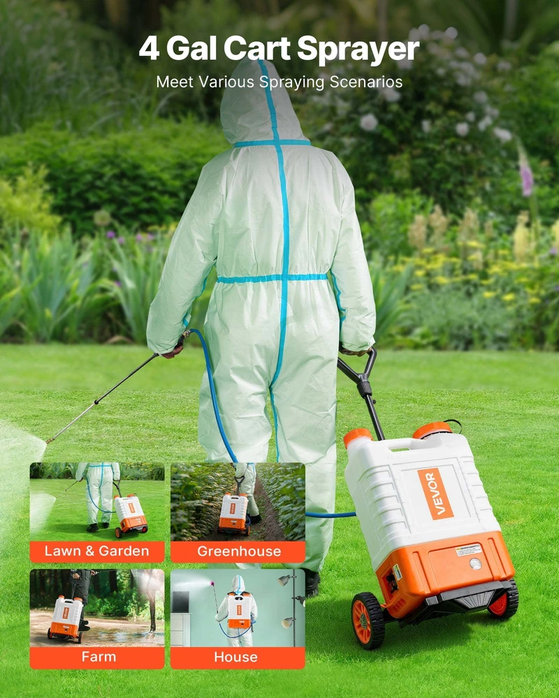 Kuprinis purkštuvas su vežimėliu. 15 l bakas. slėgis 0-94 PSI. 6 antgaliai