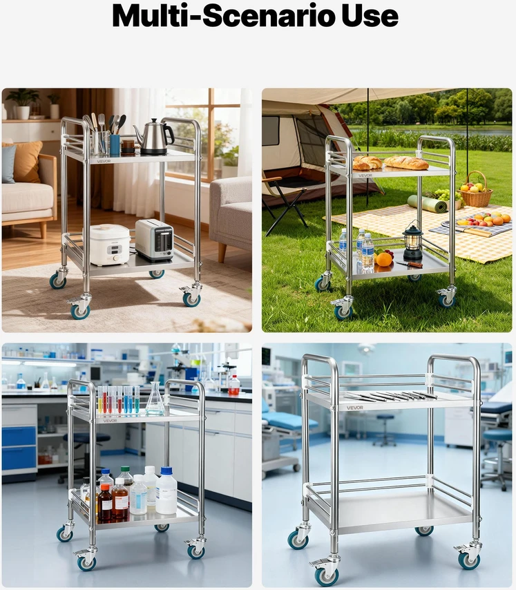 Laboratorinis vežimėlis su 2 lentynomis. blokuojami ratukai. metalinis