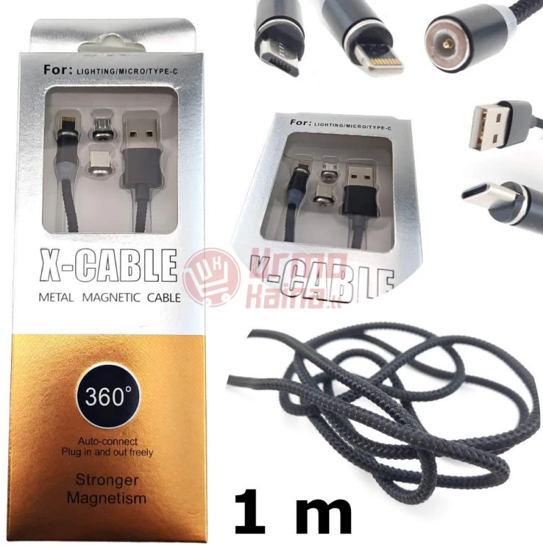 Laidas USB-A į USB-Micro/C/Lightning 1 m magnetinis 3in1