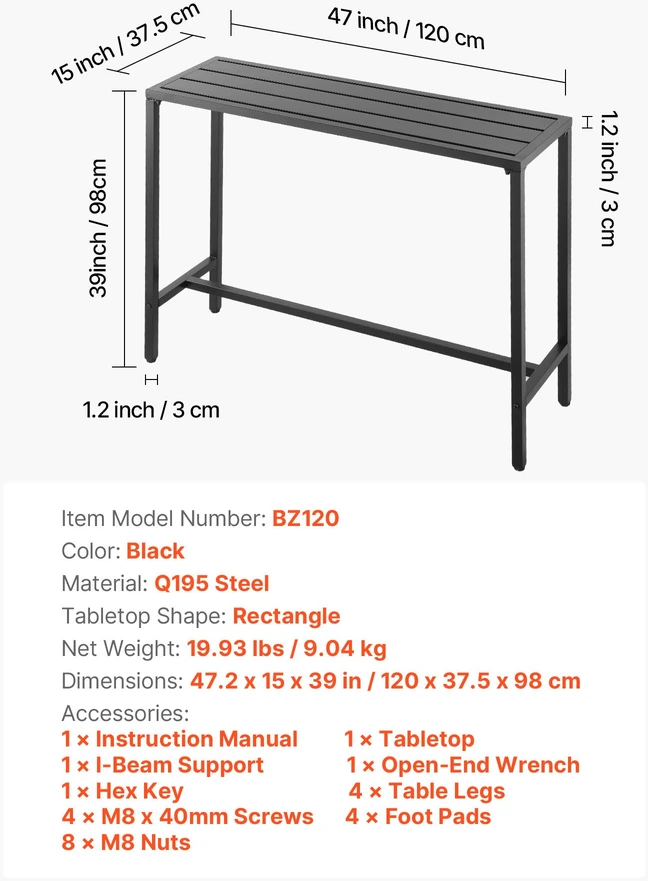 Lauko baro stalas 120 x 37.5 cm. stačiakampis. metalinis rėmas. vandeniui atsparus