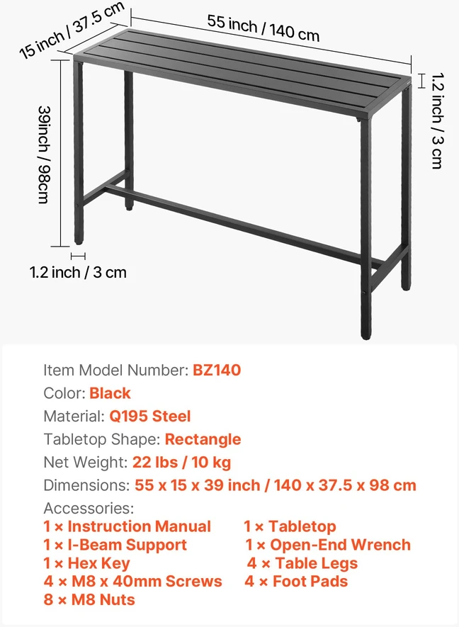 Lauko baro stalas 140 x 37.5 cm. stačiakampis. metalinis rėmas. vandeniui atsparus