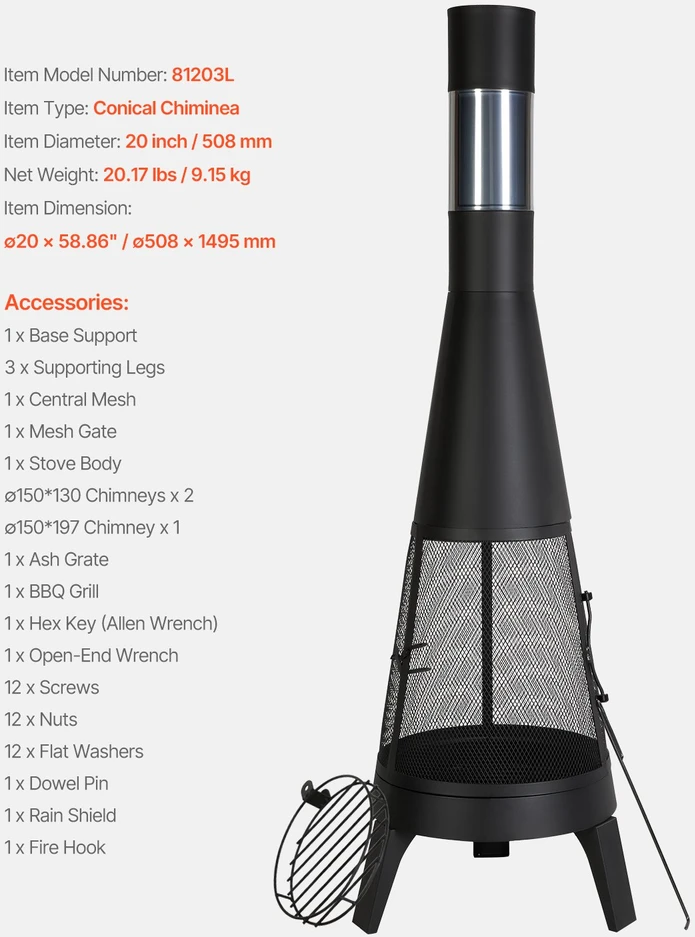 Lauko malkinis židinys-krosnelė (chiminea). 508 mm. kūginės formos. su tinkleliu ir apsauga nuo rūdžių. terasai. sodui. kiemui